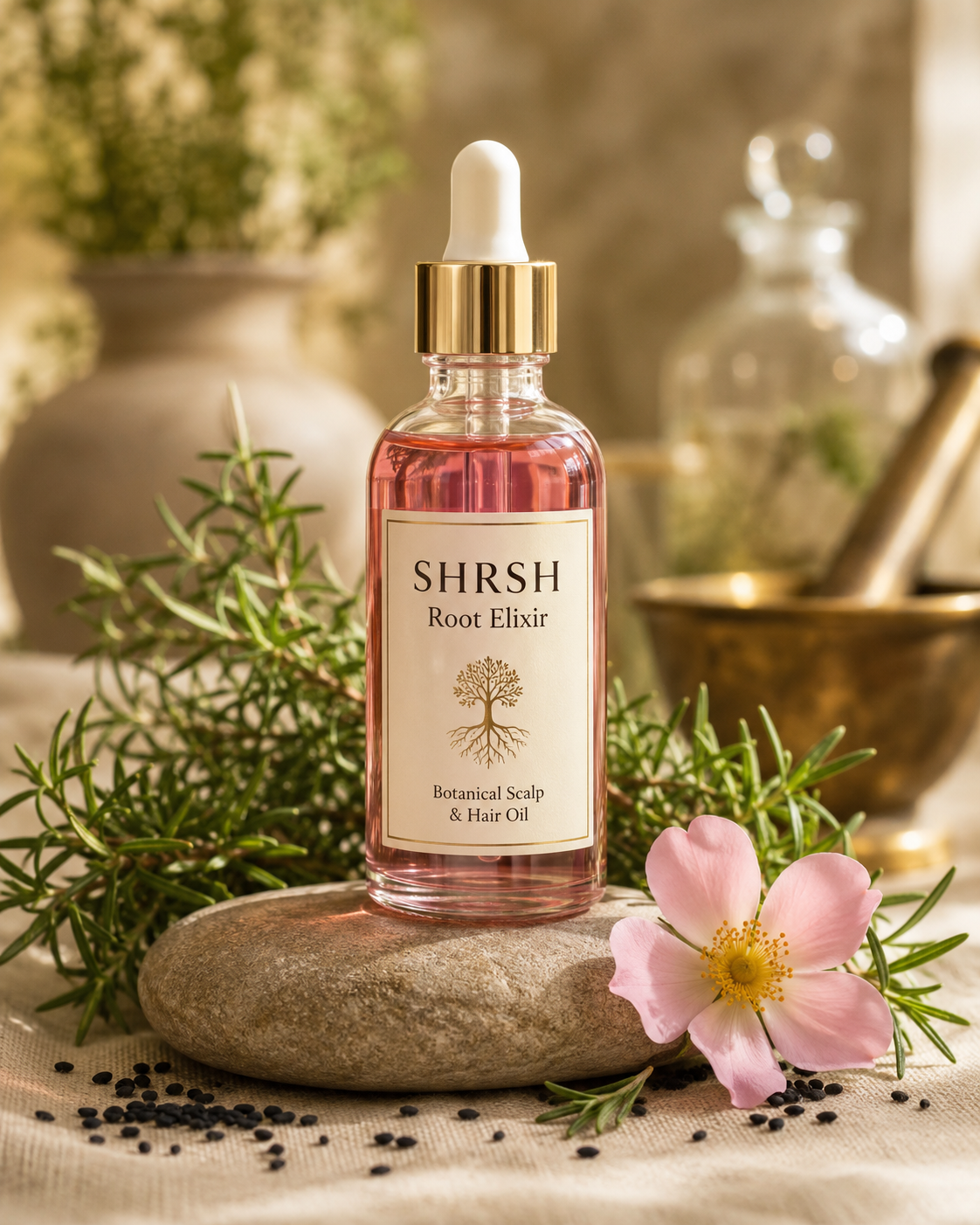 SHRSH Root Elixir — pink dropper bottle on sandstone with rosemary and pink wildflower