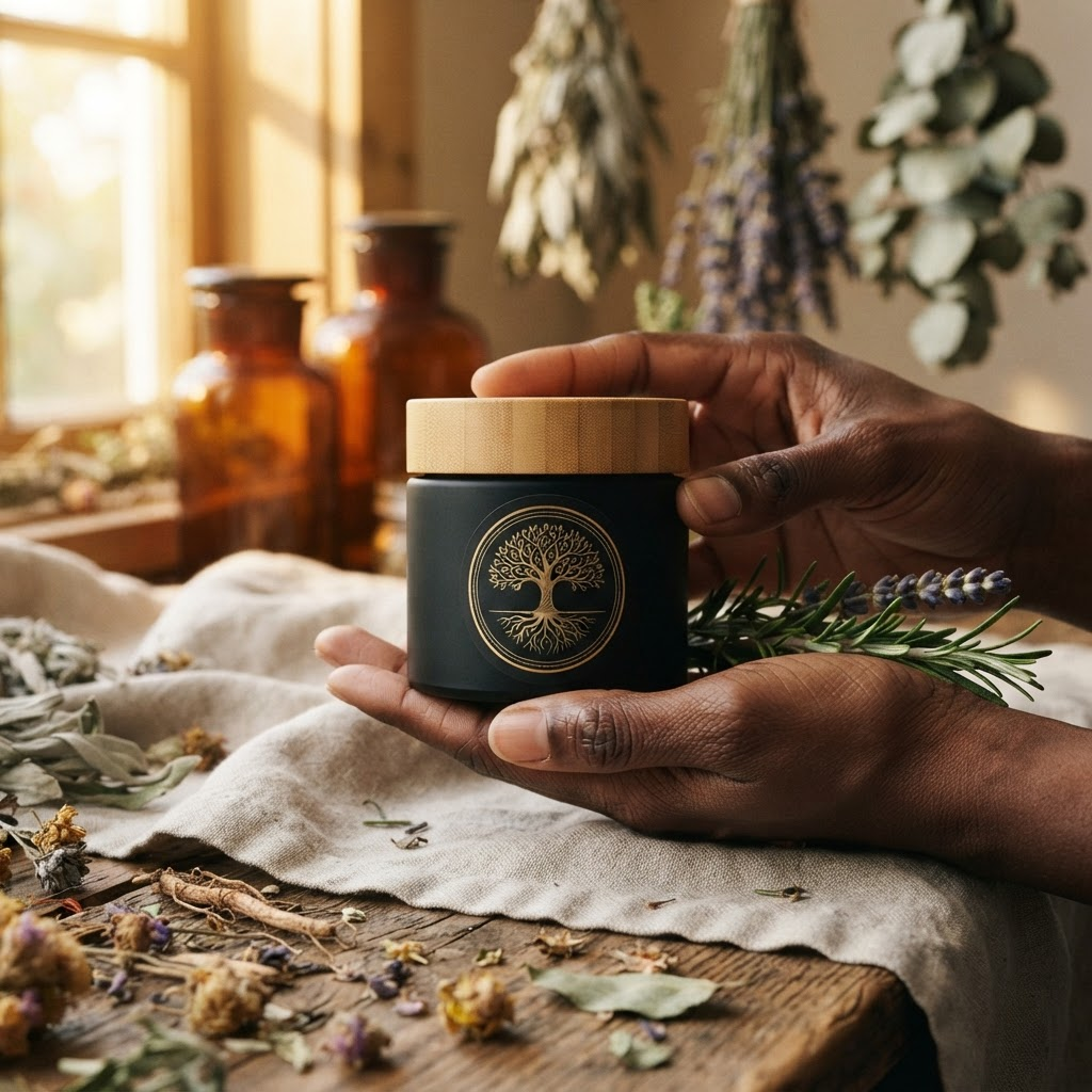 Warm natural light on hands holding botanicals and the SHRSH jar